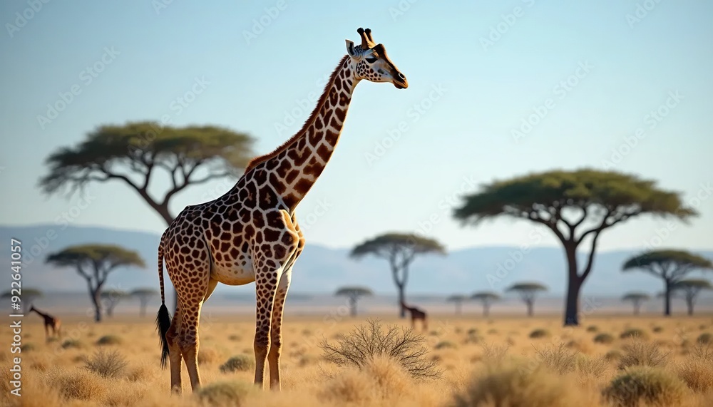 Giraffe Standing Tall in Savannah Landscape with Acacia Trees (1) Giraffe Standing Tall in Savannah Landscape with Acacia Trees (1)