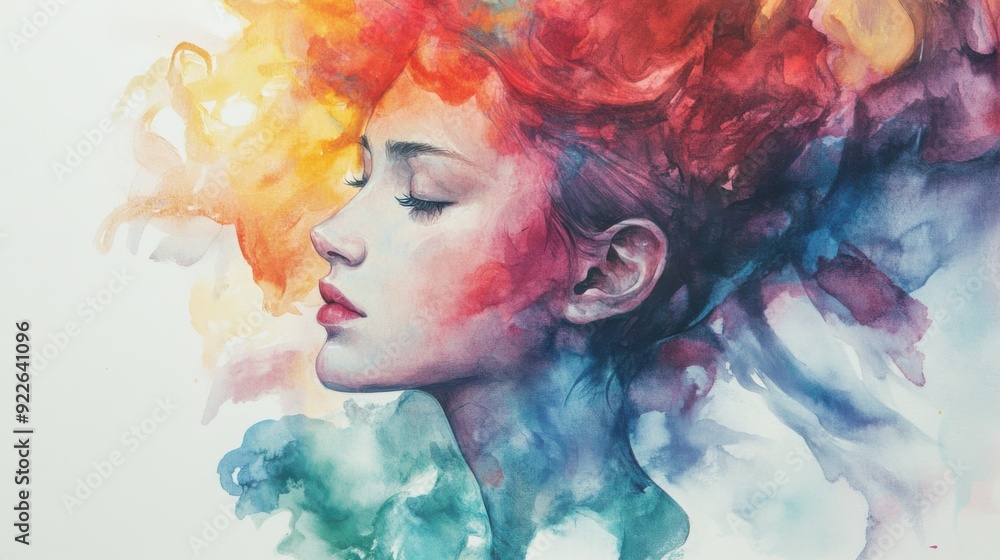 Fototapeta premium Side profile of a woman with colorful, abstract watercolor hair, blending warm and cool tones.