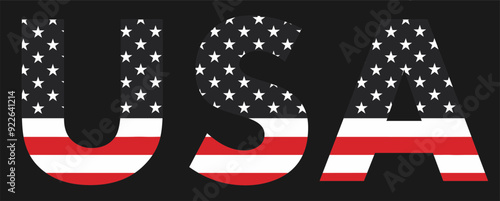 Vector isolated drawing for t-shirt with inscription of name of country of usa on background of national united states flag. Pattern for fabric, paper, clothing. American flag font. Mockup t shirt.