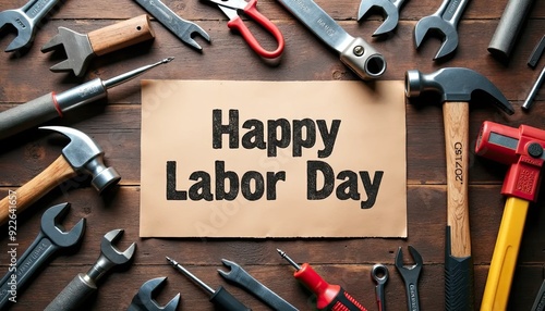 Happy Labor Day with Tools Arranged on Wooden Surface (1)