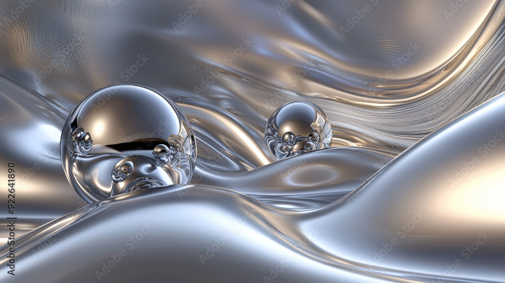 Gleaming Currents: Abstract Silver Background with Spheres and Waves. Generative AI