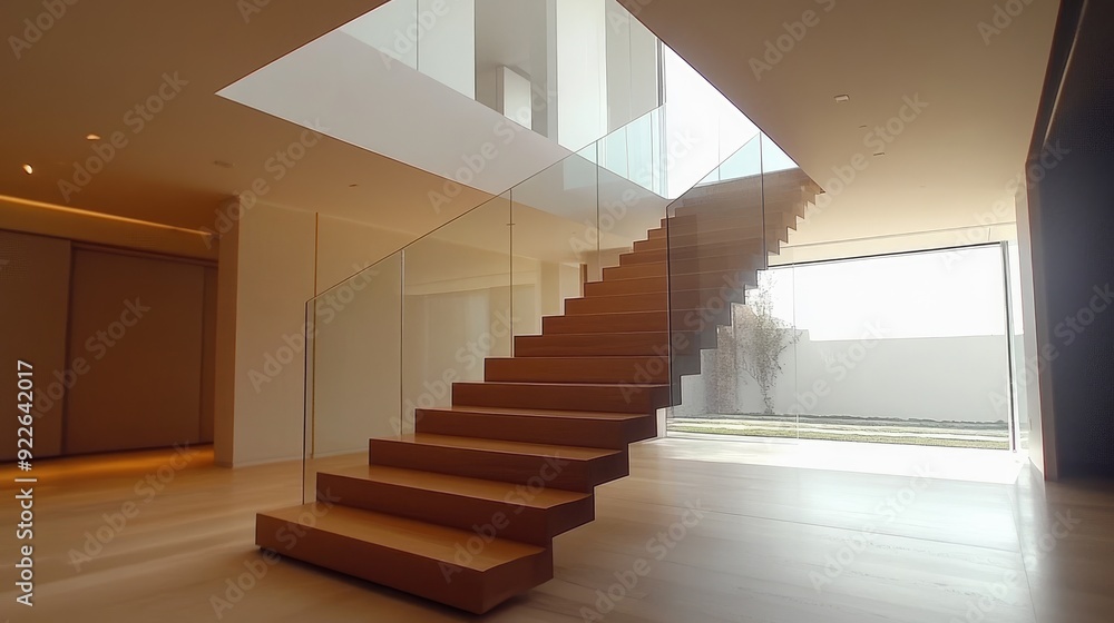 Obraz premium Floating wooden staircase with glass railings, creating a stunning visual impact in a modern home.