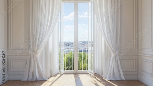 French doors with white curtains, leading to a balcony with a stunning view of the cityscape.