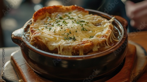 French onion soup with caramelized onions, beef broth, and a toasted cheese-topped crouton.