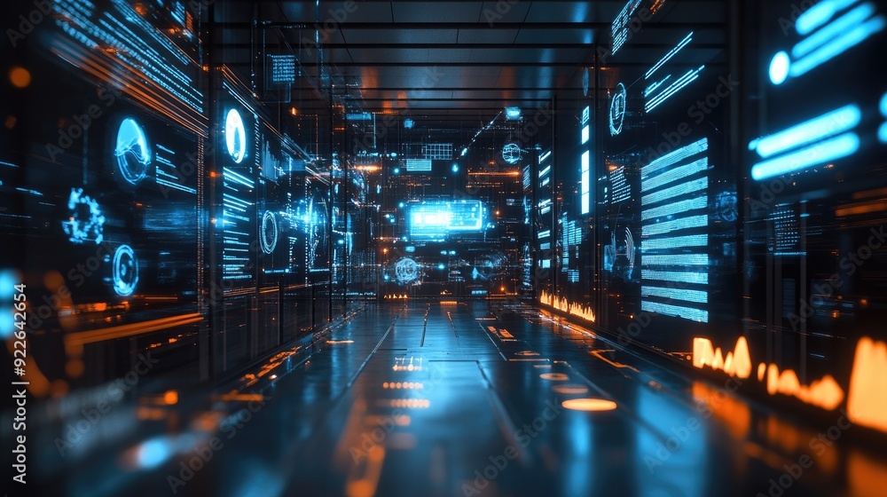 Futuristic business environment with floating digital screens displaying various analytics. Futuristic business environment with floating digital screens displaying various analytics.