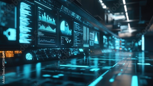 Wallpaper Mural Futuristic business environment with floating digital screens displaying various analytics. Torontodigital.ca