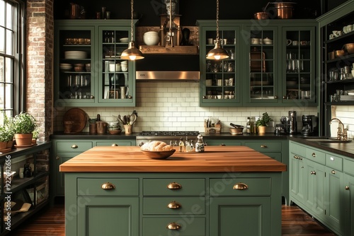 An elegant kitchen designed with sage green as the primary color photo