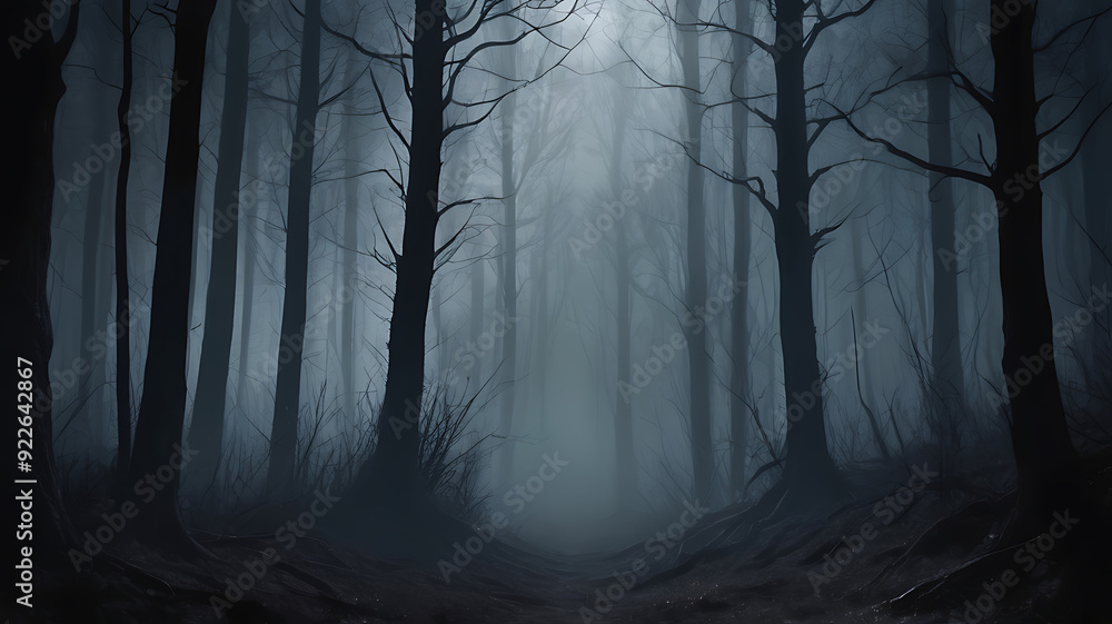 Obraz premium dark foggy forest in the night, scary illustration, spooky old forest, dark and foggy
