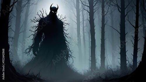 evil demon head on a dark background, mysterious monster with glowing eyes in dark, foggy woods