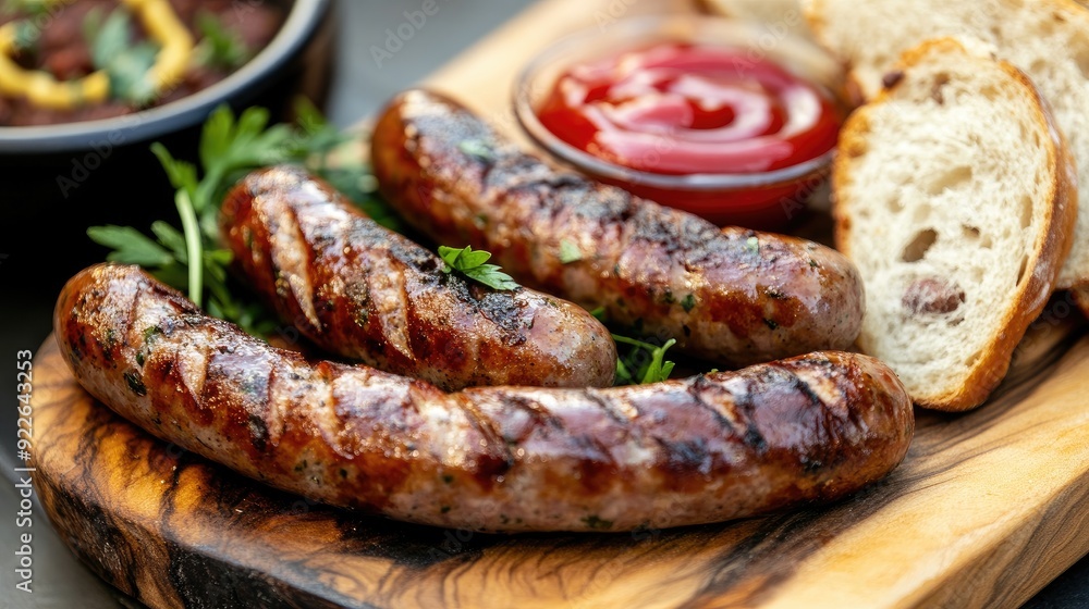 Grilled sausages served with mustard, ketchup, and fresh bread on a wooden platter. Grilled sausages served with mustard, ketchup, and fresh bread on a wooden platter.