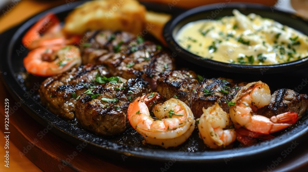 Grilled shrimp and steak combo served on a sizzling hotplate with a side of garlic butter. Grilled shrimp and steak combo served on a sizzling hotplate with a side of garlic butter.