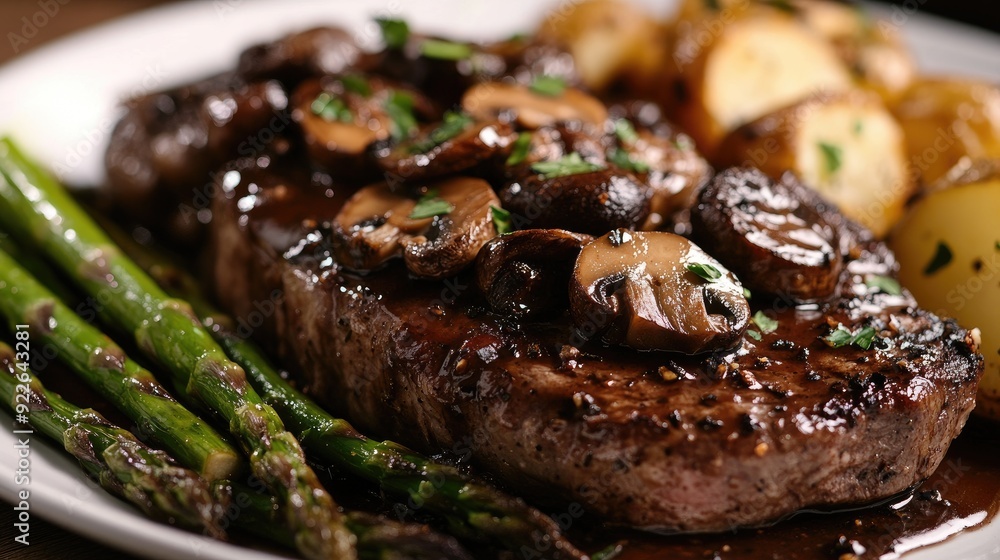 Grilled steak topped with a rich mushroom sauce, served with asparagus and roasted potatoes. Grilled steak topped with a rich mushroom sauce, served with asparagus and roasted potatoes.