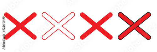 Big red cross icon. Red x wrong sign vector flat illustration design on white background .Set of hand drawn X marks