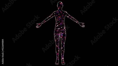 Human body filled with particles.  Ultrafine Particles inside human body.  Outline of human form with colorful dots inside. 3d animation rendering.