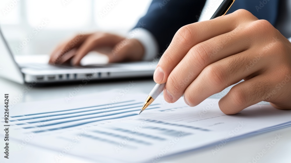 A close-up of a hand entering data into a financial spreadsheet, with a laptop and documents in the background, copy space for text, high-resolution photo, realistic photo A close-up of a hand entering data into a financial spreadsheet, with a laptop and documents in the background, copy space for text, high-resolution photo, realistic photo