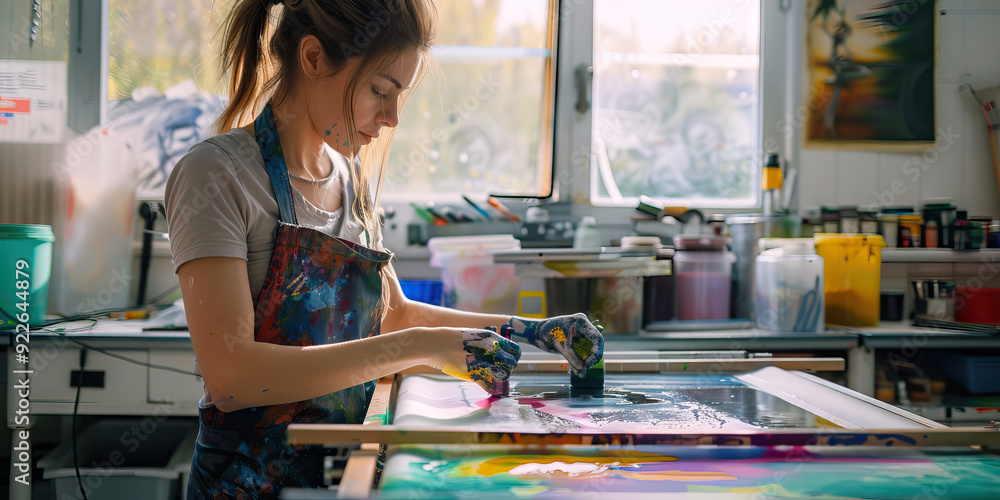 Silk screen printing artistry: A woman carefully applying ink through a silk screen, creating a pattern on paper. Silk screen printing artistry: A woman carefully applying ink through a silk screen, creating a pattern on paper.