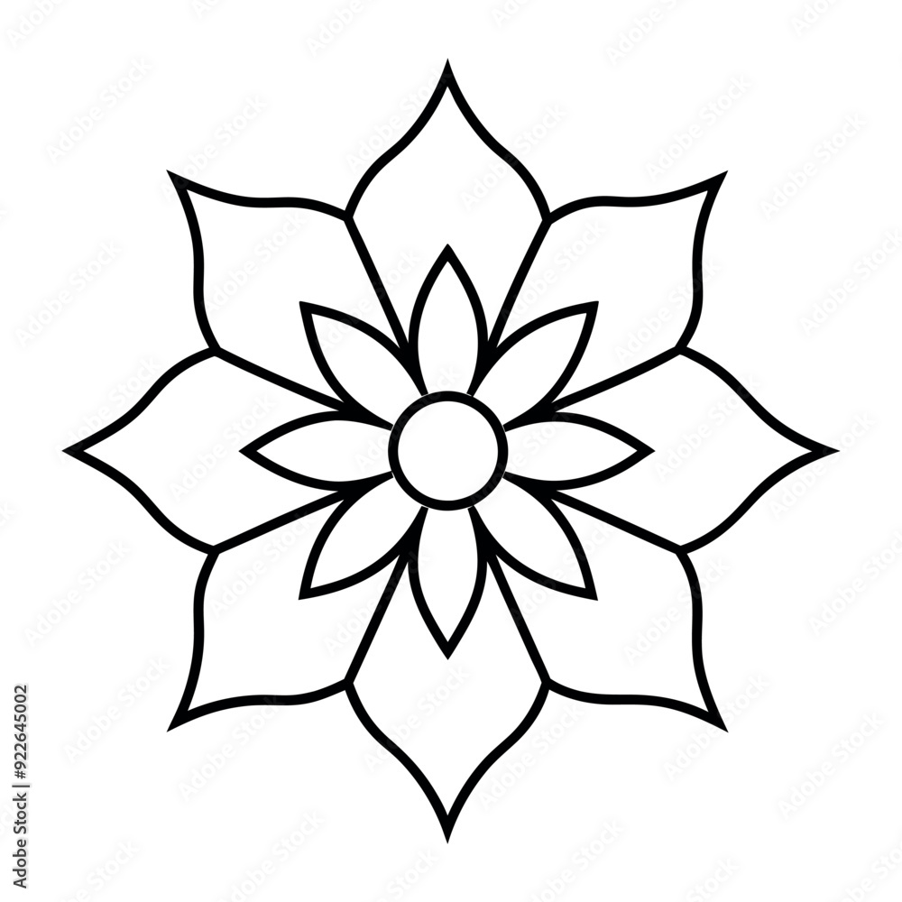 Black Indian mandala on white background. Decorative flower drawing for meditation coloring book. Ethnic floral design element, round hand drawn illustration, line art. Black Indian mandala on white background. Decorative flower drawing for meditation coloring book. Ethnic floral design element, round hand drawn illustration, line art.