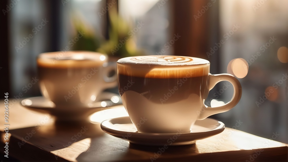a cup of latte coffee on a wooden table, a large window with sunlight streaming in, potted plants, cozy atmosphere a cup of latte coffee on a wooden table, a large window with sunlight streaming in, potted plants, cozy atmosphere