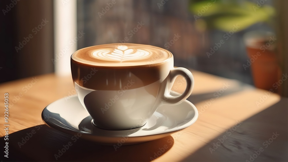 a cup of latte coffee on a wooden table, a large window with sunlight streaming in, potted plants, cozy atmosphere a cup of latte coffee on a wooden table, a large window with sunlight streaming in, potted plants, cozy atmosphere