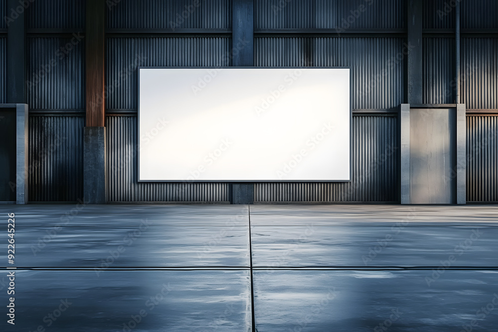For advertising concept display, a blank billboard mockup is displayed within an interior setting with wooden walls and metal frames. For advertising concept display, a blank billboard mockup is displayed within an interior setting with wooden walls and metal frames.