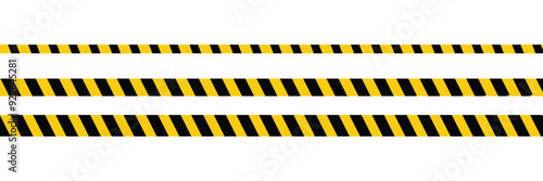 Warning tape with yellow and black diagonal stripes. Warn stop seamless line. Vector illustration on white background. Blank vector illustration warning background. Long danger ribbon. Eps file 102.