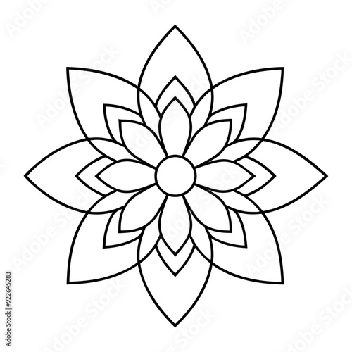 Black Indian mandala on white background. Decorative flower drawing for meditation coloring book. Ethnic floral design element, round hand drawn illustration, line art.
