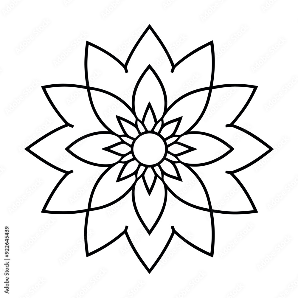 Black Indian mandala on white background. Decorative flower drawing for meditation coloring book. Ethnic floral design element, round hand drawn illustration, line art.