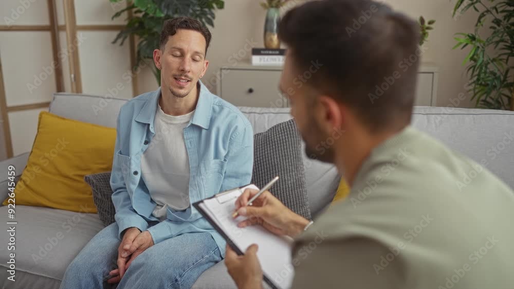 Therapist discussing with a man during a therapy session in a cozy home living room with yellow pillows on the couch and plants in the background Therapist discussing with a man during a therapy session in a cozy home living room with yellow pillows on the couch and plants in the background