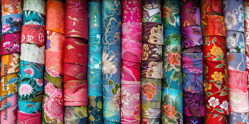 Traditional kimono craftsmanship: Rolls of colorful fabric, intricately folded and tied with sashes. Traditional kimono craftsmanship: Rolls of colorful fabric, intricately folded and tied with sashes.
