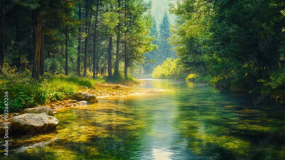 Obraz premium A river running through a lush green forest filled with trees