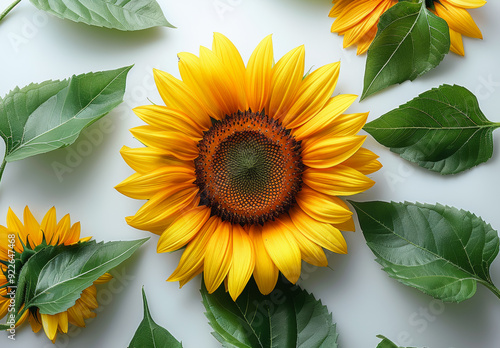 Wallpaper Mural Vibrant sunflower surrounded by green leaves on a light background. A bright sunflower is centered among lush green leaves, creating a cheerful outdoor vibe. Torontodigital.ca
