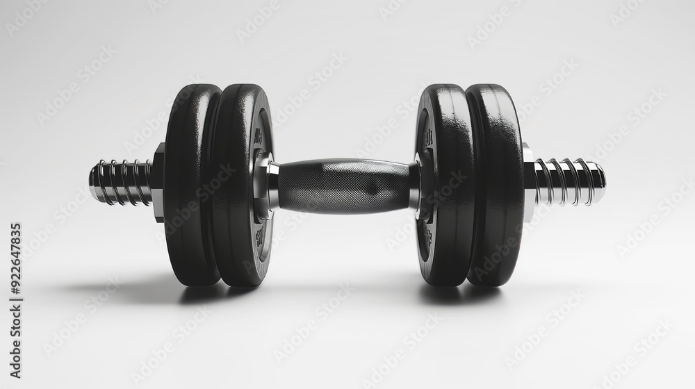Fototapeta premium Black metal dumbbell isolated. 3D rendering of fitness equipment for healthy lifestyle. Power, strength, motivation concept.