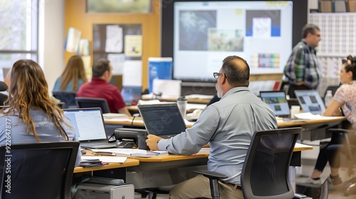 A group of employees participating in a training session, with an instructor in front of them and learning materials on their desk
