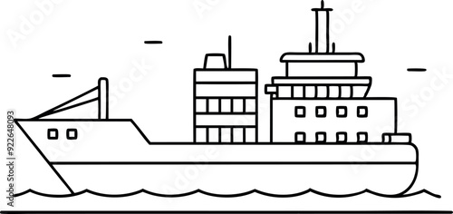 Outline Illustration of a Cargo Ship on the Ocean