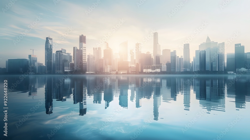 Fototapeta premium Cityscape with reflection in water during sunrise.