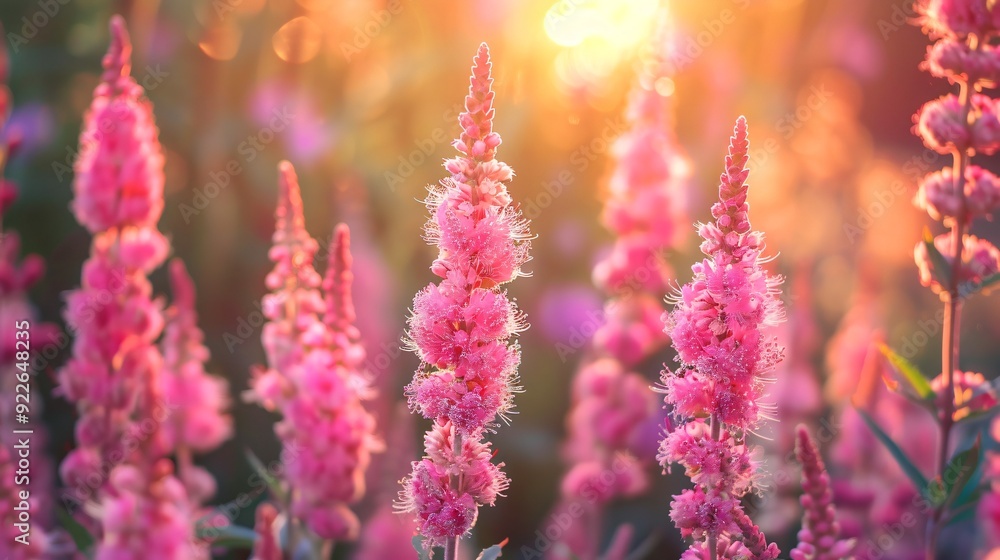 Obraz premium Vibrant pink fuzzy flowers in warm sunset light. Generative AI