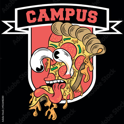 Crazy pizza character with googly eyes made of pepperoni, anchovies and green peppers, with melted cheese, served on funny texts in sporty and urban style.
