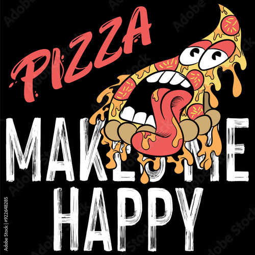 Crazy pizza character with googly eyes made of pepperoni, anchovies and green peppers, with melted cheese, served on funny texts in sporty and urban style.