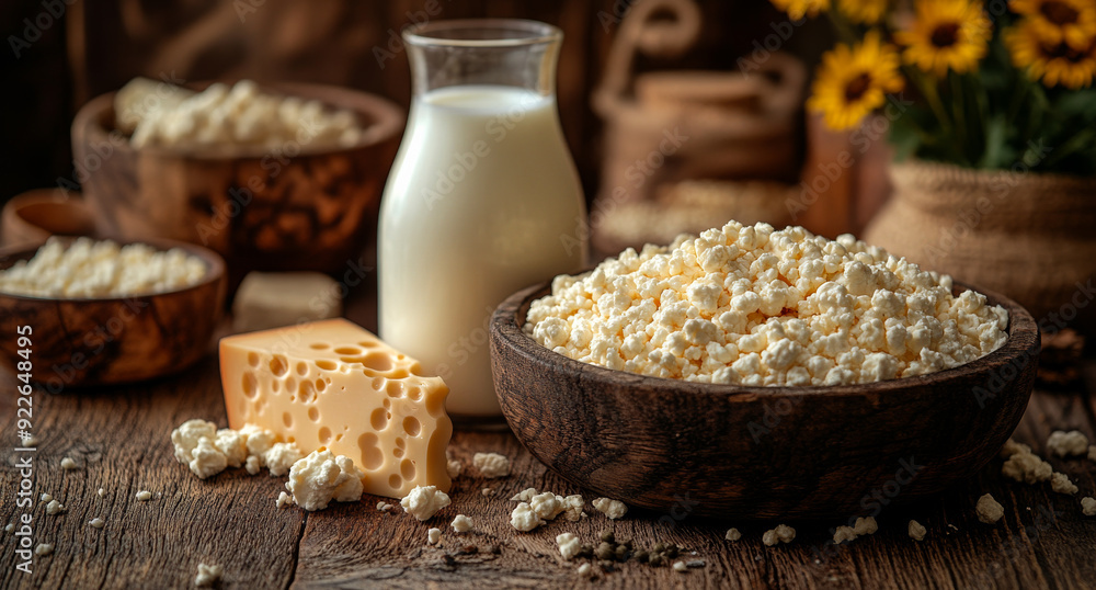 Fresh dairy: cheese, milk, and curds on a wooden table. A rustic display of cheese, milk, and fresh curds arranged with flowers. Fresh dairy: cheese, milk, and curds on a wooden table. A rustic display of cheese, milk, and fresh curds arranged with flowers.