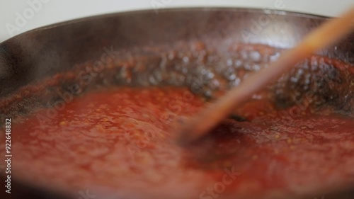The process of preparing tomato sauce from fresh cherry tomatoes in a pan with olive oil and spices. A woman's hand stirs the sauce in the pan with a wooden spoon.