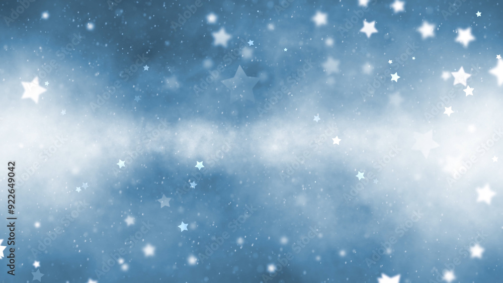 Fototapeta premium Blue winter bokeh sky background with snowflakes and stars copy space illustration background. Concept holidays new year and christmas. 