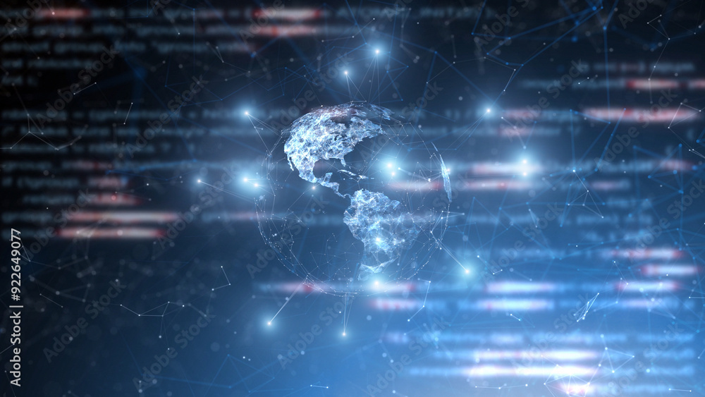 Obraz premium Digital network Earth globe on computer screen with blurred code data futuristic illustration background. 