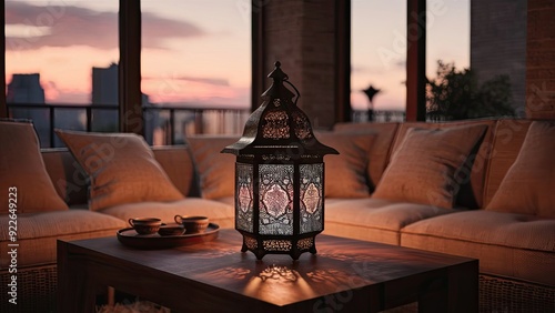 Warm Moroccan Lantern in Modern Living Room at Sunset