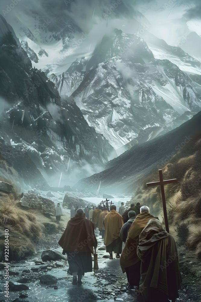 A group of pilgrims walking on a sacred path, carrying crosses and banners, beautiful natural scenery with mountains and river. Devotion, journey of faith, connection between spirituality and nature A group of pilgrims walking on a sacred path, carrying crosses and banners, beautiful natural scenery with mountains and river. Devotion, journey of faith, connection between spirituality and nature