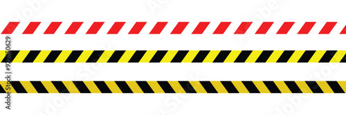 Warning yellow black red diagonal stripes line. Safety stripe warning caution hazard danger road vector sign symbol. Long danger ribbon. Vector illustration on white background. EPS file 112.