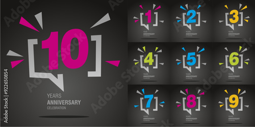 Set of Anniversary vector creative design emblems with colorful numbers in speech bubble on black background for celebration event, invitation, greeting, web template