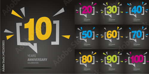Set of Anniversary decades vector creative design emblems with colorful numbers in speech bubble on black background for celebration event, invitation, greeting, web template