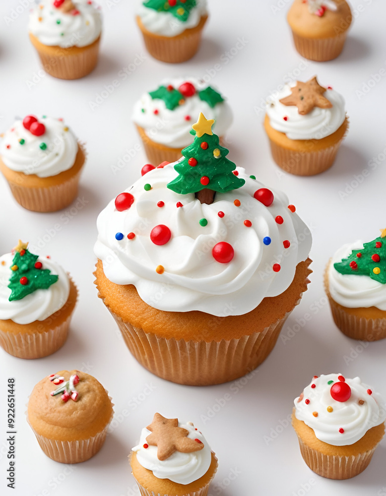 A red velvet cupcake with cream cheese frosting, topped with fresh cranberries and holly leaves, surrounded by additional cranberries on a white background A red velvet cupcake with cream cheese frosting, topped with fresh cranberries and holly leaves, surrounded by additional cranberries on a white background