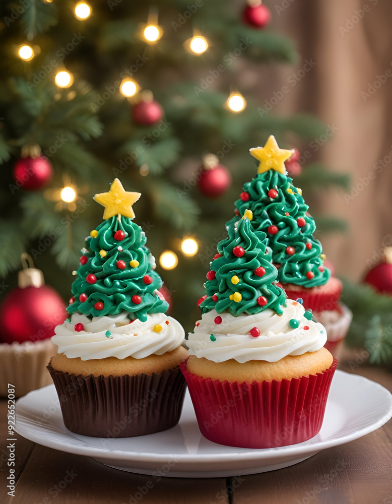 cupcakes decorated as Christmas trees with green frosting, red ornaments, and yellow star toppings, on a plate with a blurred Christmas tree in the background cupcakes decorated as Christmas trees with green frosting, red ornaments, and yellow star toppings, on a plate with a blurred Christmas tree in the background