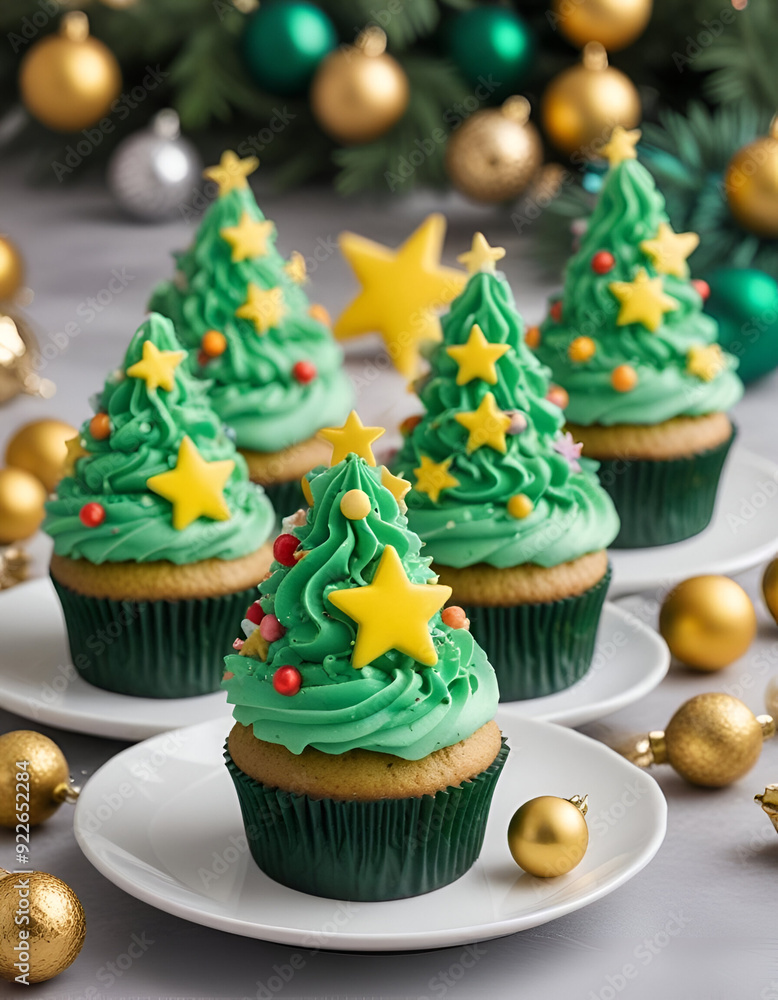 cupcakes decorated as Christmas trees with green frosting, red ornaments, and yellow star toppings, on a plate with a blurred Christmas tree in the background cupcakes decorated as Christmas trees with green frosting, red ornaments, and yellow star toppings, on a plate with a blurred Christmas tree in the background